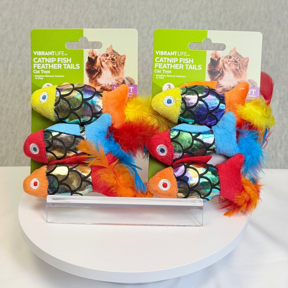 2-Vibrant Life Catnip Fish Feather Tails Cat Toys 3 Pack Multi Color Metallic